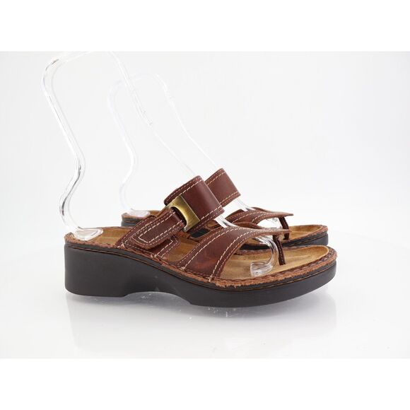 Naot Women's Sandal Size 38 7 Wedge Heel Thong Slide Brown Leather Adjustable - Picture 1 of 11